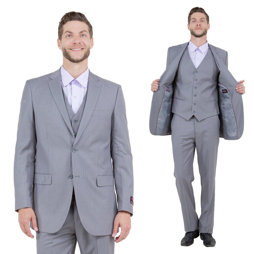 Classic Fit Pinstriped Men's 3-Piece Suit by Demantie, Light Gray